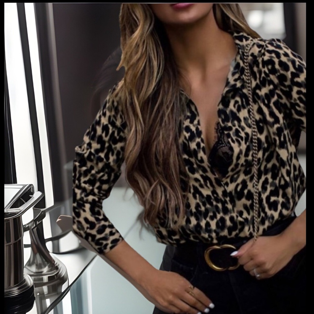 Unique Elastic Waist Turndown Collar Leopard Prt Button Down Sexy Dress Up Shirt